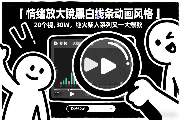 情绪放大镜黑白线条动画风格，20个视频，涨粉30W，继火柴人系列又一大爆款_01282018